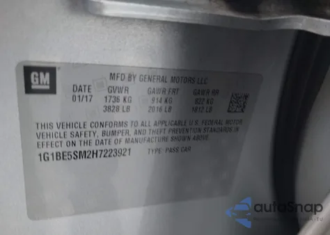 2017 Chevrolet Cruze Lt Auto из США, поврежденный, VIN 1G1BE5SM2H7223921